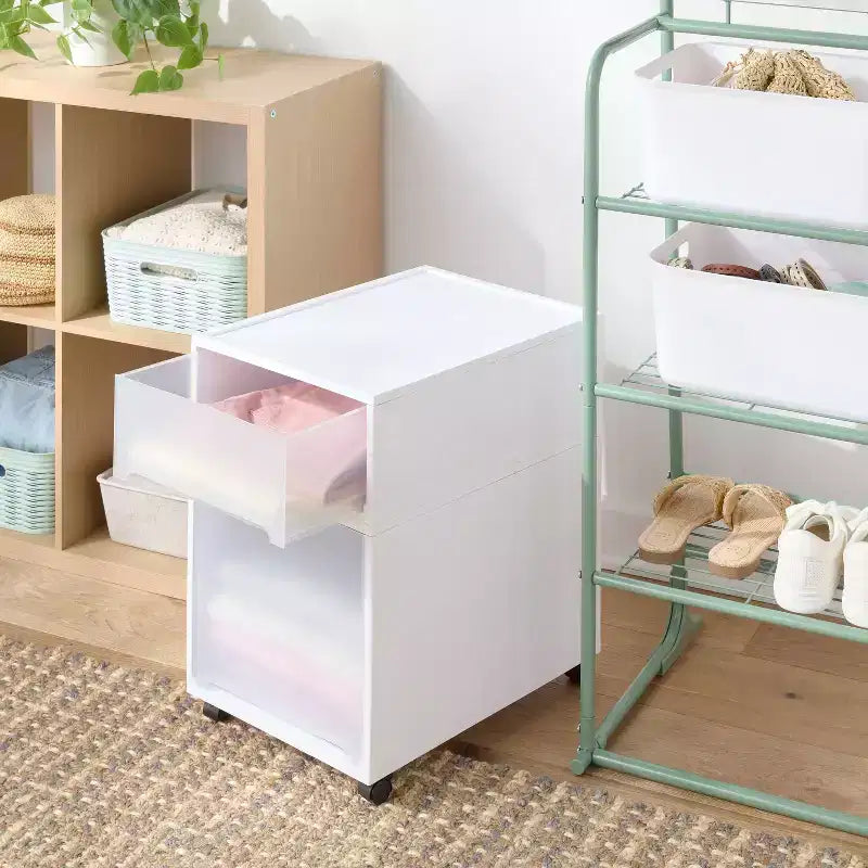 Cajón de almacenamiento angosto blanco, ranura única, apilable, 1 persona