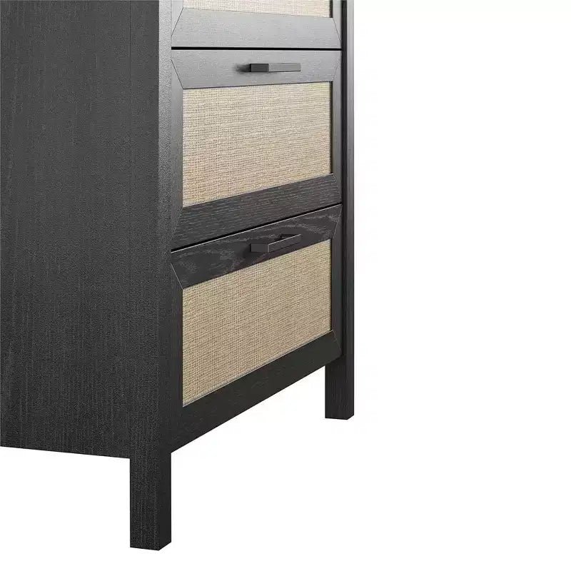Cómoda de 5 cajones estilo boho de vetas de madera marrón con inserciones de ratán (montaje entre 2 personas)
