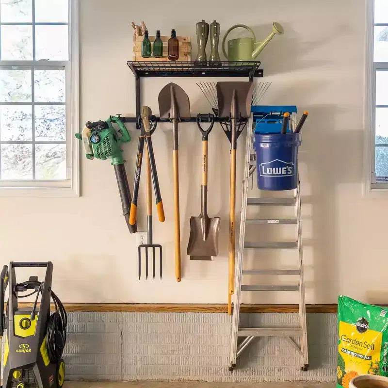 Sistema de almacenamiento de herramientas y estanterías de pared ajustable de acero negro, montaje por 1 persona