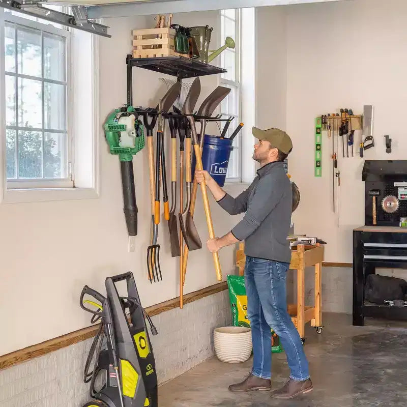 Sistema de almacenamiento de herramientas y estanterías de pared ajustable de acero negro, montaje por 1 persona