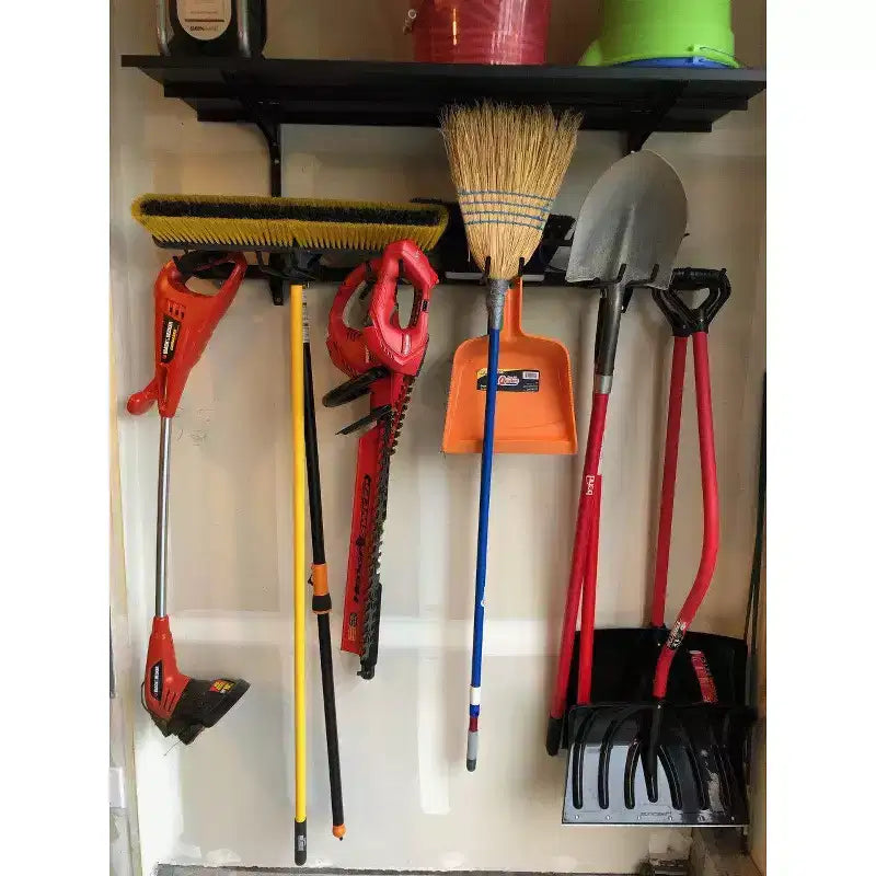 Sistema de almacenamiento de herramientas y estanterías de pared ajustable de acero negro, montaje por 1 persona