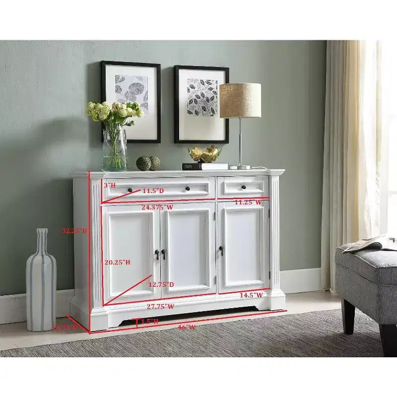 Mueble Buffet Consola de Madera Blanca con 3 Puertas, 2 Cajones y Estantes (Montaje por 1 Persona)