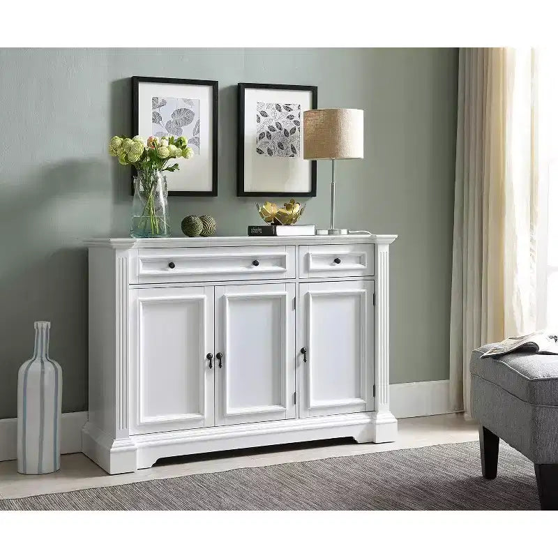 Mueble Buffet Consola de Madera Blanca con 3 Puertas, 2 Cajones y Estantes (Montaje por 1 Persona)