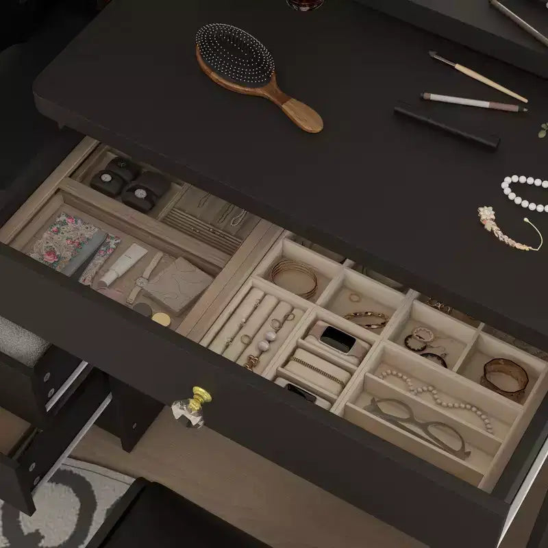 Tocador/Mesa de Maquillaje Blanca/Negra con Espejo Iluminado y Taburete – 1 Persona