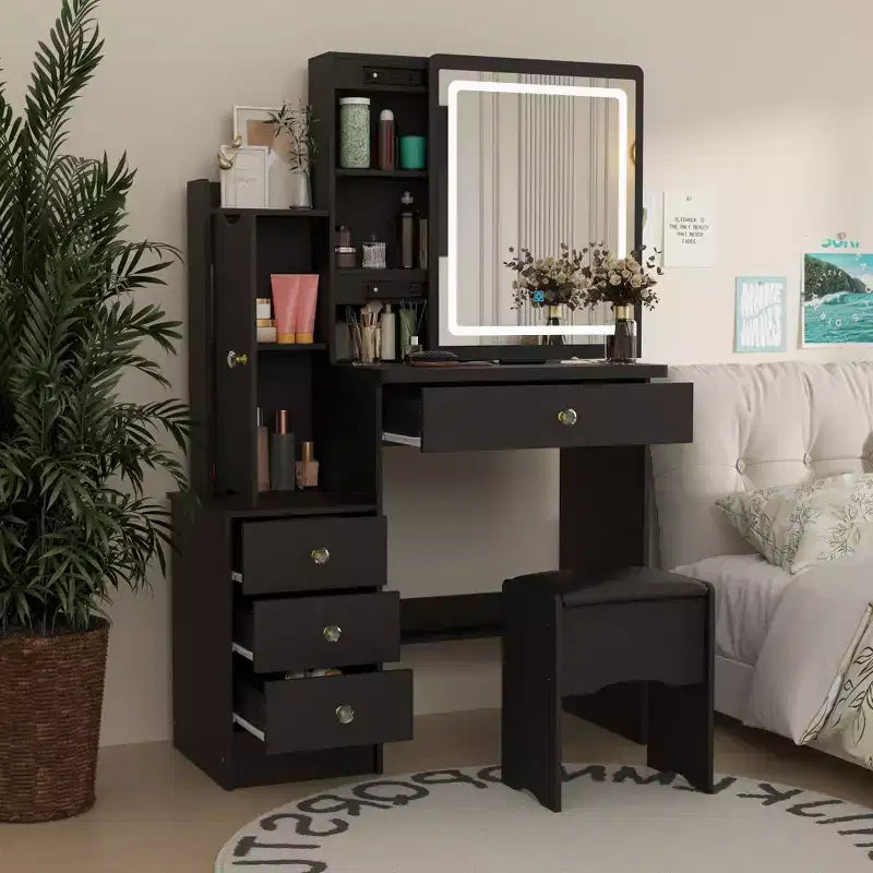 Tocador/Mesa de Maquillaje Blanca/Negra con Espejo Iluminado y Taburete – 1 Persona