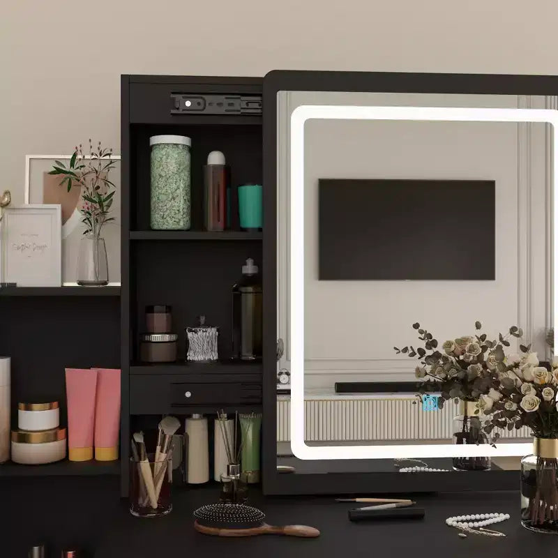 Tocador/Mesa de Maquillaje Blanca/Negra con Espejo Iluminado y Taburete – 1 Persona
