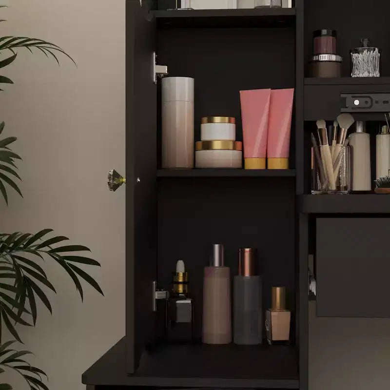 Tocador/Mesa de Maquillaje Blanca/Negra con Espejo Iluminado y Taburete – 1 Persona