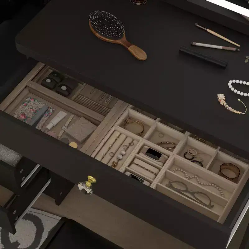 Tocador/Mesa de Maquillaje Blanca/Negra con Espejo Iluminado y Taburete – 1 Persona