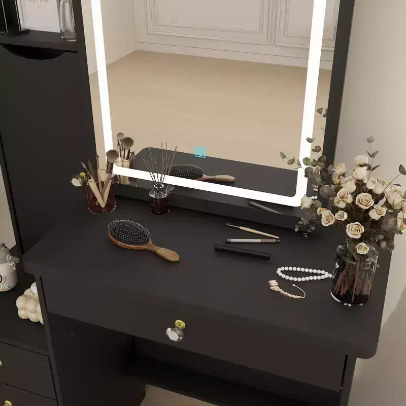 Tocador/Mesa de Maquillaje Blanca/Negra con Espejo Iluminado y Taburete – 1 Persona