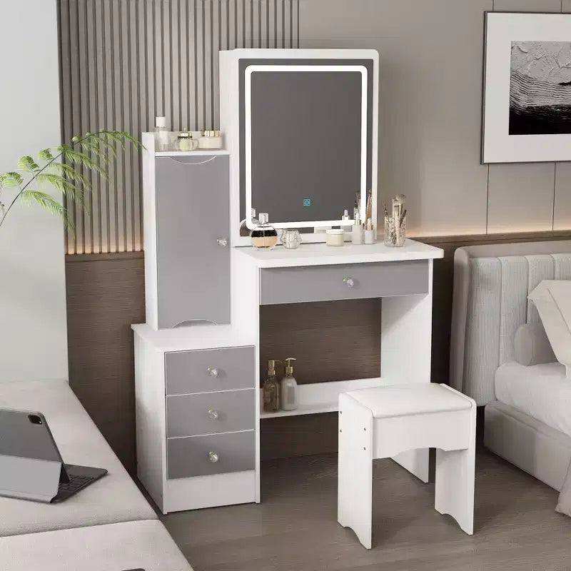 Tocador/Mesa de Maquillaje Blanca/Negra con Espejo Iluminado y Taburete – 1 Persona