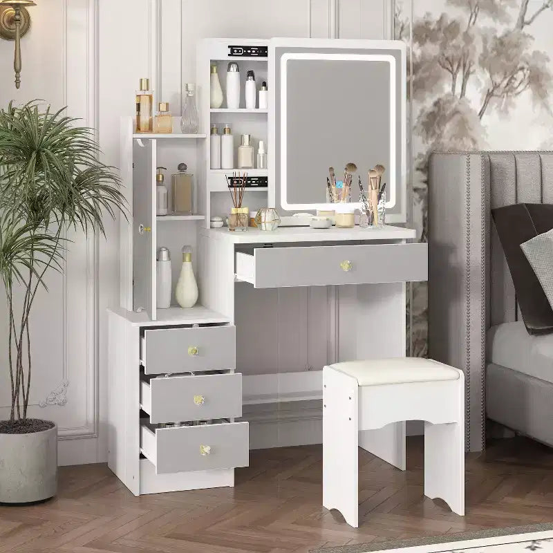 Tocador/Mesa de Maquillaje Blanca/Negra con Espejo Iluminado y Taburete – 1 Persona