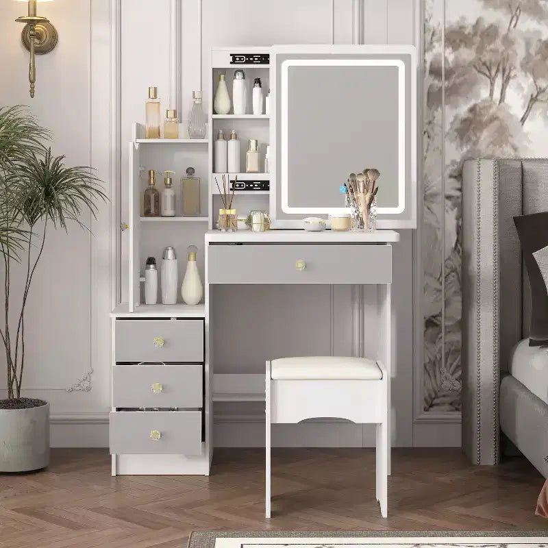 Tocador/Mesa de Maquillaje Blanca/Negra con Espejo Iluminado y Taburete – 1 Persona