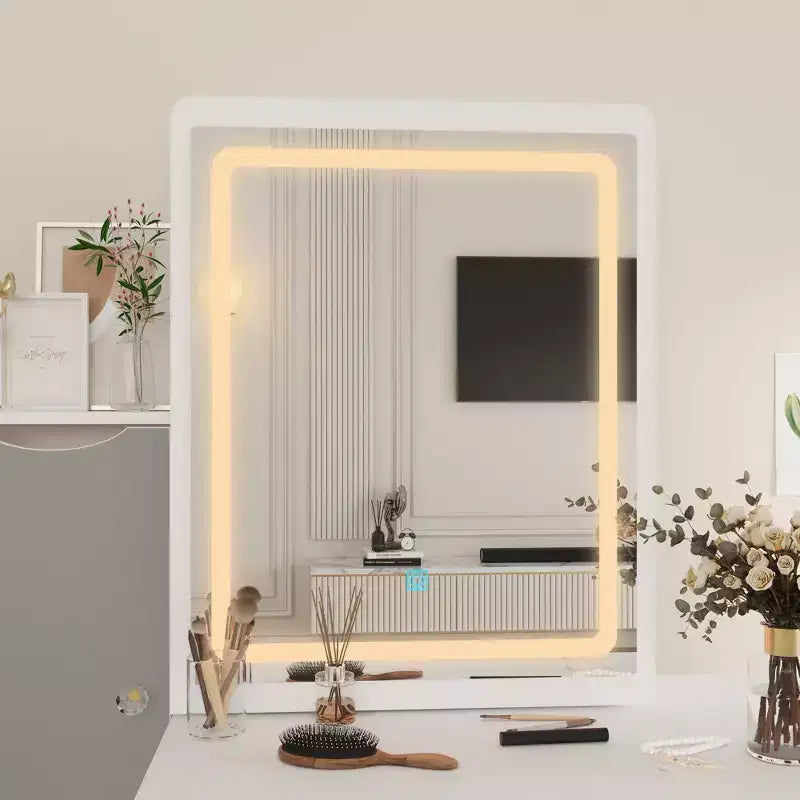 Tocador/Mesa de Maquillaje Blanca/Negra con Espejo Iluminado y Taburete – 1 Persona