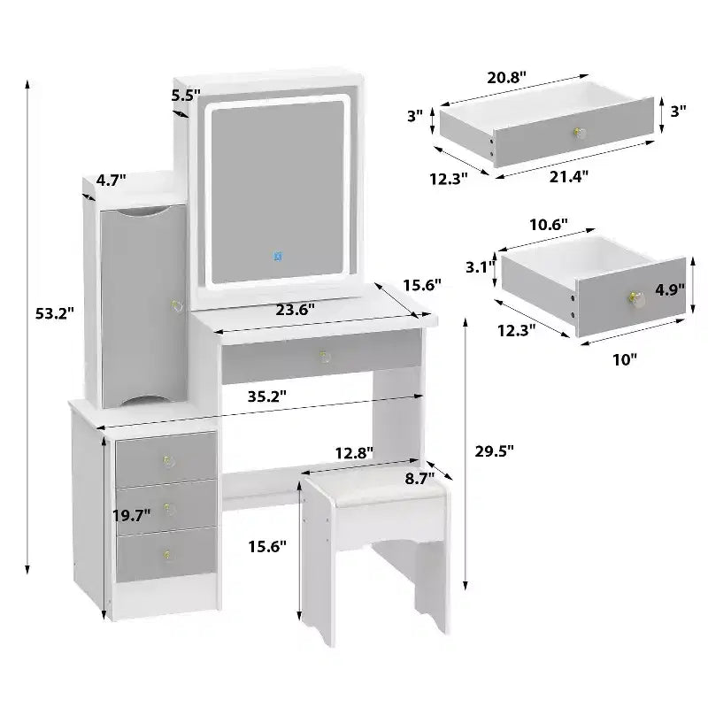 Tocador/Mesa de Maquillaje Blanca/Negra con Espejo Iluminado y Taburete – 1 Persona