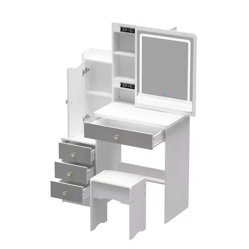 Tocador/Mesa de Maquillaje Blanca/Negra con Espejo Iluminado y Taburete – 1 Persona