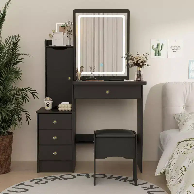 Tocador/Mesa de Maquillaje Blanca/Negra con Espejo Iluminado y Taburete – 1 Persona