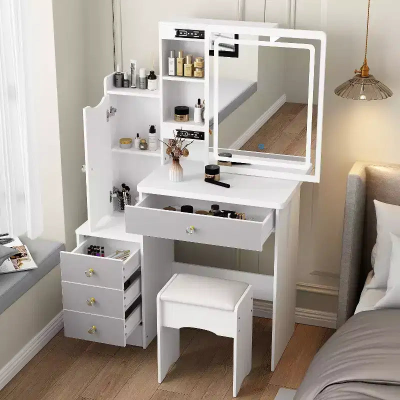 Tocador/Mesa de Maquillaje Blanca/Negra con Espejo Iluminado y Taburete – 1 Persona
