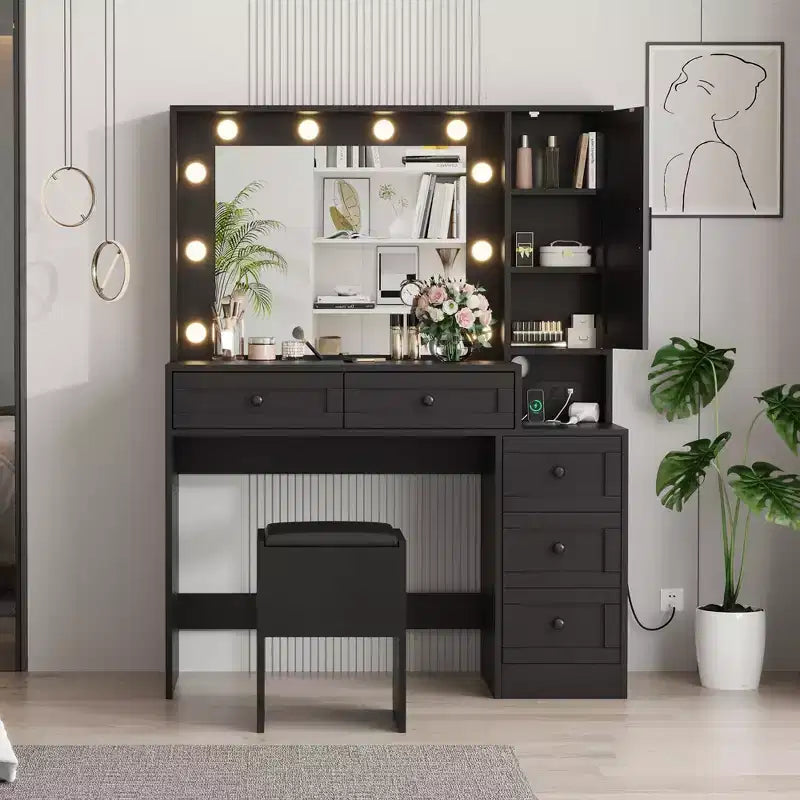 Tocador negro con luces y taburete - Hierro y madera, 2 piezas, 1 usuario