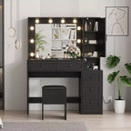 Tocador negro con luces y taburete - Hierro y madera, 2 piezas, 1 usuario