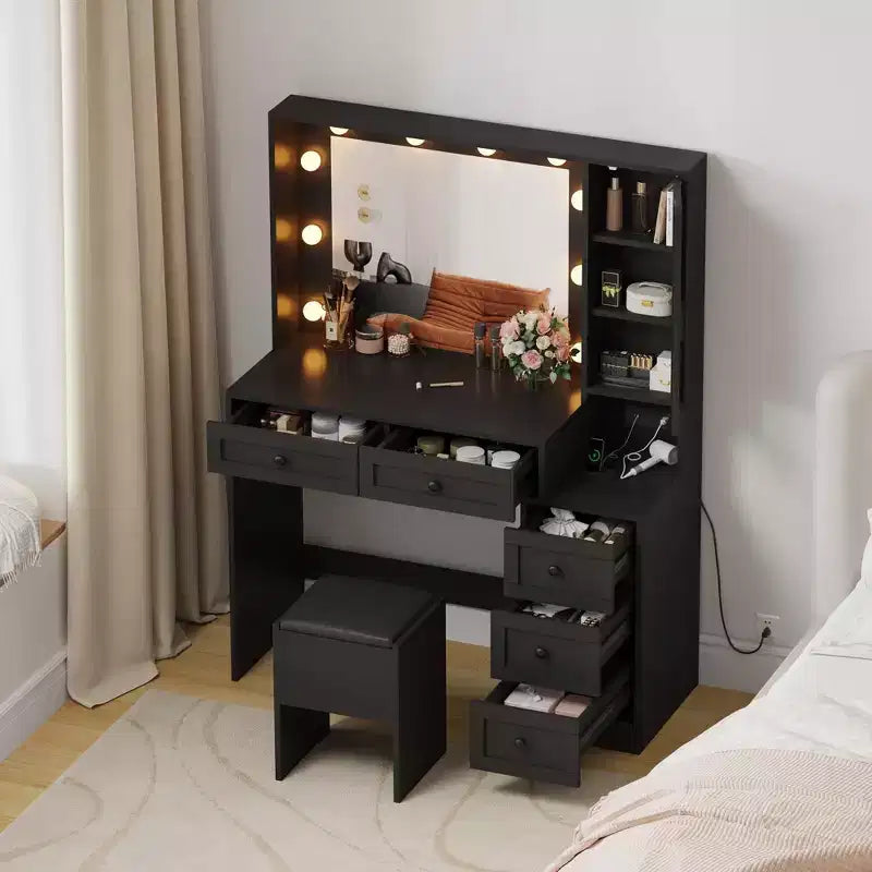 Tocador negro con luces y taburete - Hierro y madera, 2 piezas, 1 usuario