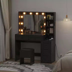Tocador negro con luces y taburete - Hierro y madera, 2 piezas, 1 usuario