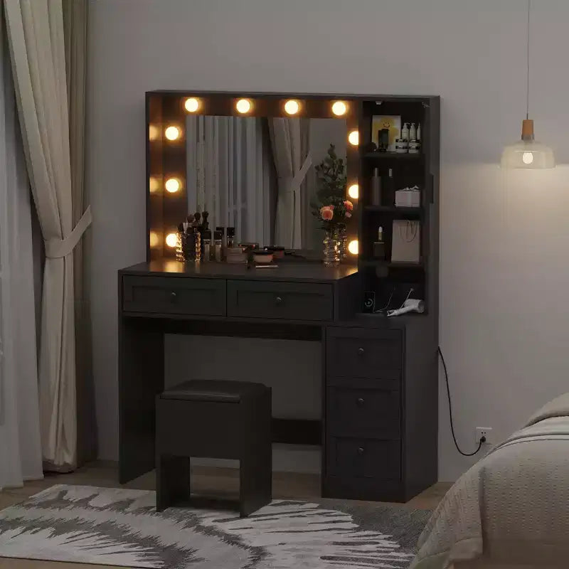 Tocador negro con luces y taburete - Hierro y madera, 2 piezas, 1 usuario