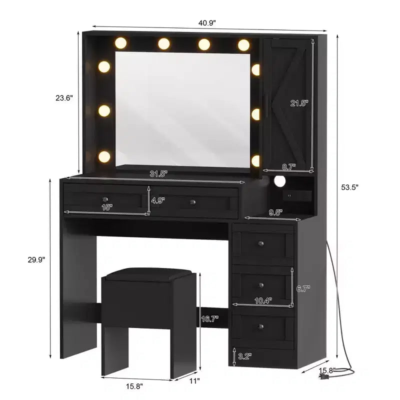 Tocador negro con luces y taburete - Hierro y madera, 2 piezas, 1 usuario