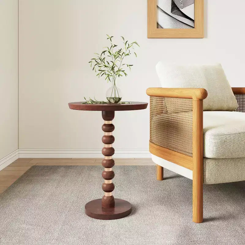 Mesa auxiliar redonda marrón de madera de mango, base de pedestal, individual