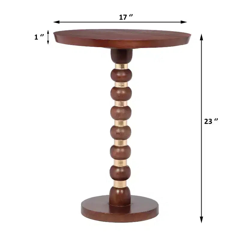 Mesa auxiliar redonda marrón de madera de mango, base de pedestal, individual