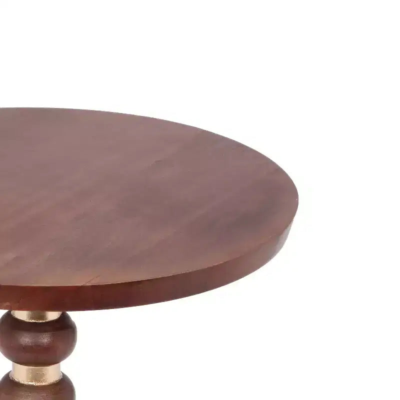 Mesa auxiliar redonda marrón de madera de mango, base de pedestal, individual