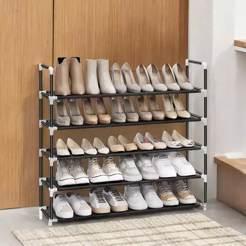 Zapatero de 5 niveles, negro, estructura de acero, capacidad para 20-25 pares