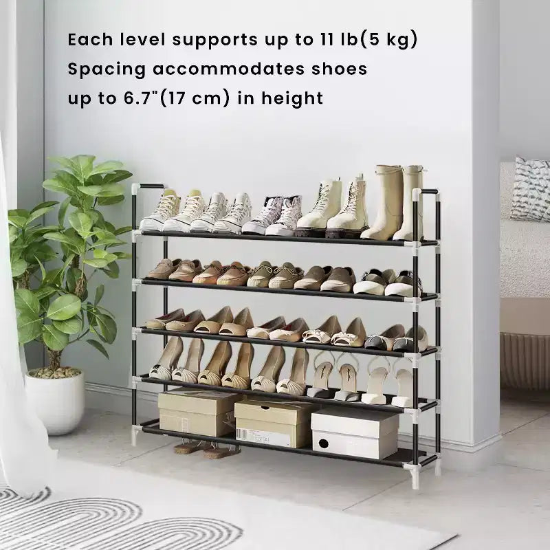 Zapatero de 5 niveles, negro, estructura de acero, capacidad para 20-25 pares