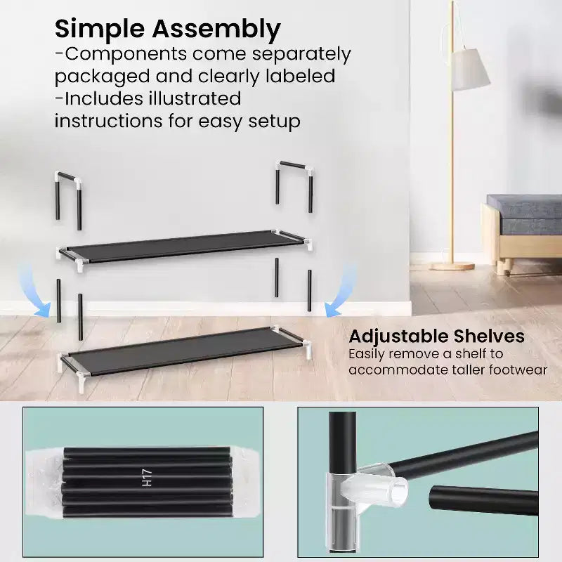 Zapatero de 5 niveles, negro, estructura de acero, capacidad para 20-25 pares