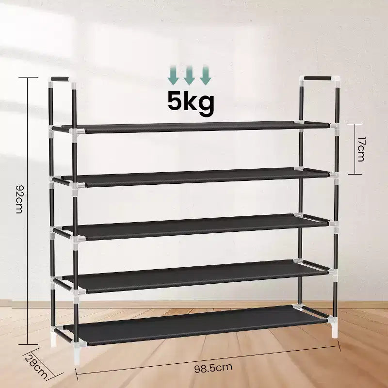 Zapatero de 5 niveles, negro, estructura de acero, capacidad para 20-25 pares