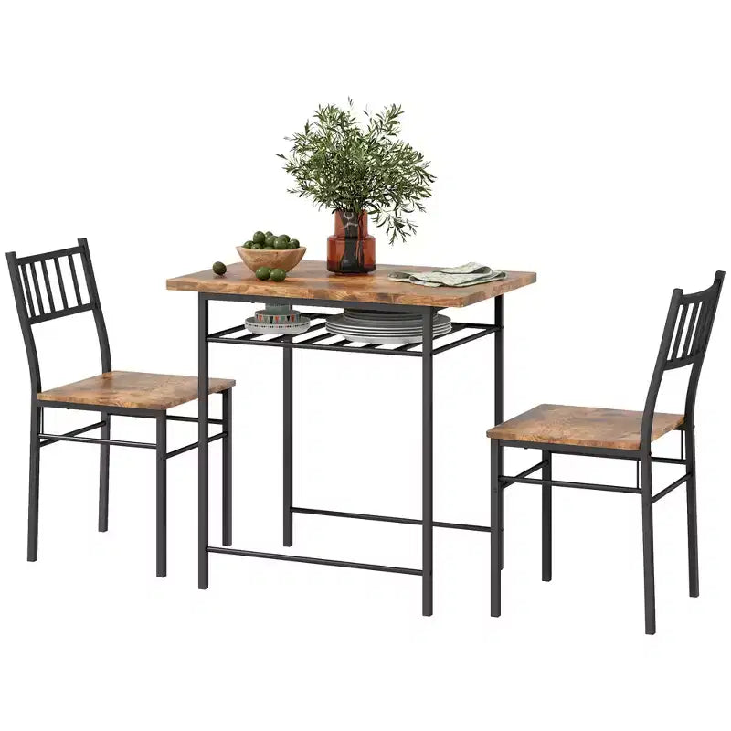 Juego de mesa de comedor industrial gris/marrón rústico, sillas sin brazos, para 2 personas