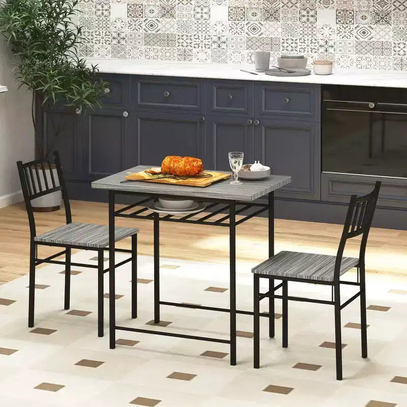 Juego de mesa de comedor industrial gris/marrón rústico, sillas sin brazos, para 2 personas