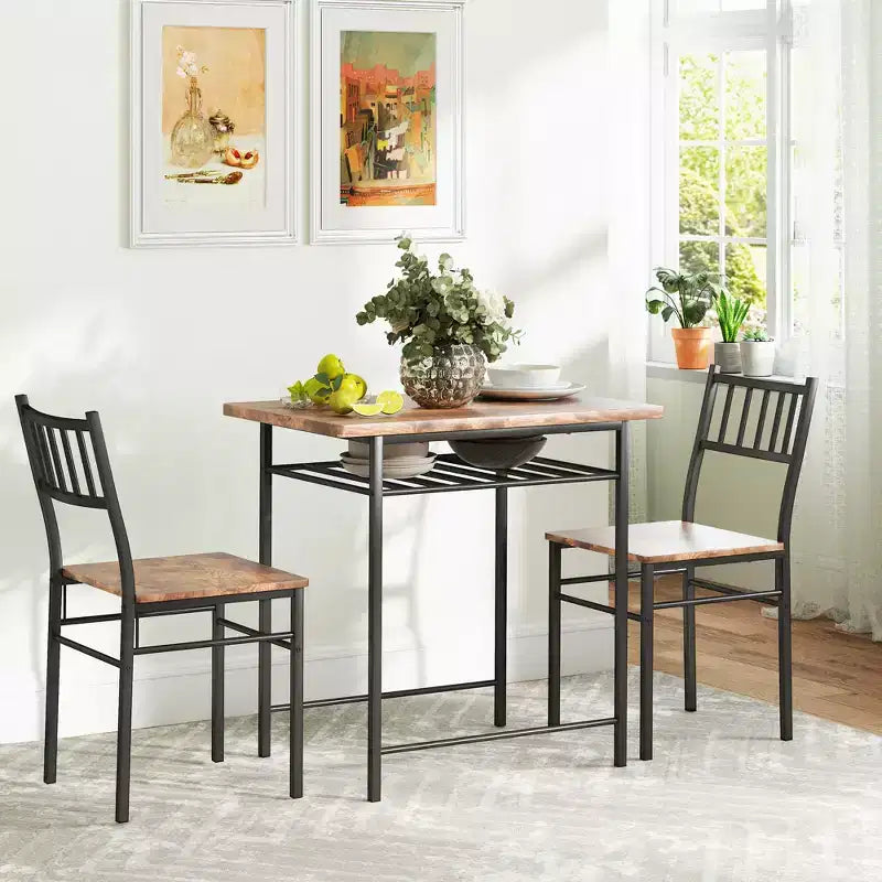 Juego de mesa de comedor industrial gris/marrón rústico, sillas sin brazos, para 2 personas