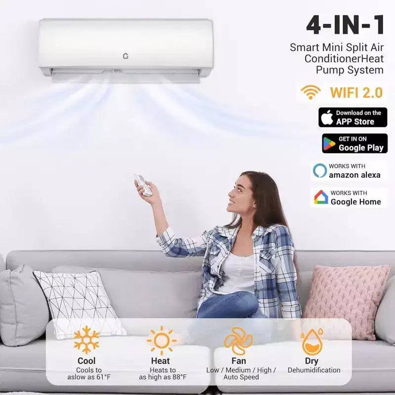 Climatiseur et chauffage Mini Split Garvee 9000 BTU, unité mini-climatiseur avec pompe à chaleur et Wi-Fi, 115 V, blanc