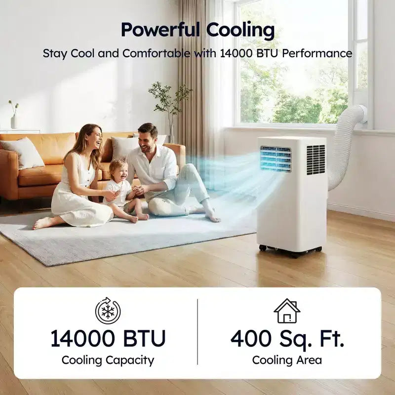 Climatiseur portable intelligent Simzlife 14000 BTU, 3-en-1 pour 37 m², contrôle via application, système auto-évaporatif, blanc