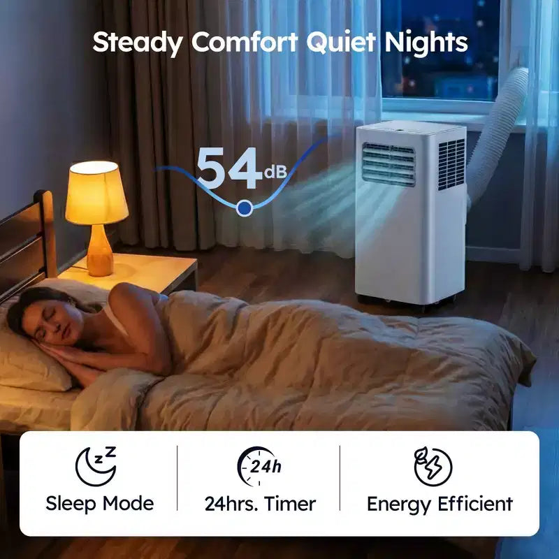 Climatiseur portable intelligent Simzlife 14000 BTU, 3-en-1 pour 37 m², contrôle via application, système auto-évaporatif, blanc