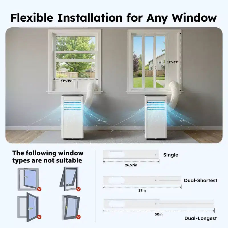 Climatiseur portable Simzlife 10000 BTU (DOE) 3-en-1 avec ventilateur déshumidificateur mode veille pour 42 m², kits de fenêtre réglables, blanc