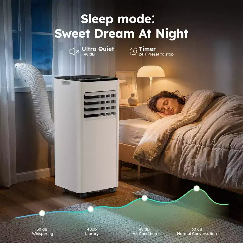 Climatiseur portable Simzlife 10000 BTU (DOE) 3-en-1 avec ventilateur déshumidificateur mode veille pour 42 m², kits de fenêtre réglables, blanc