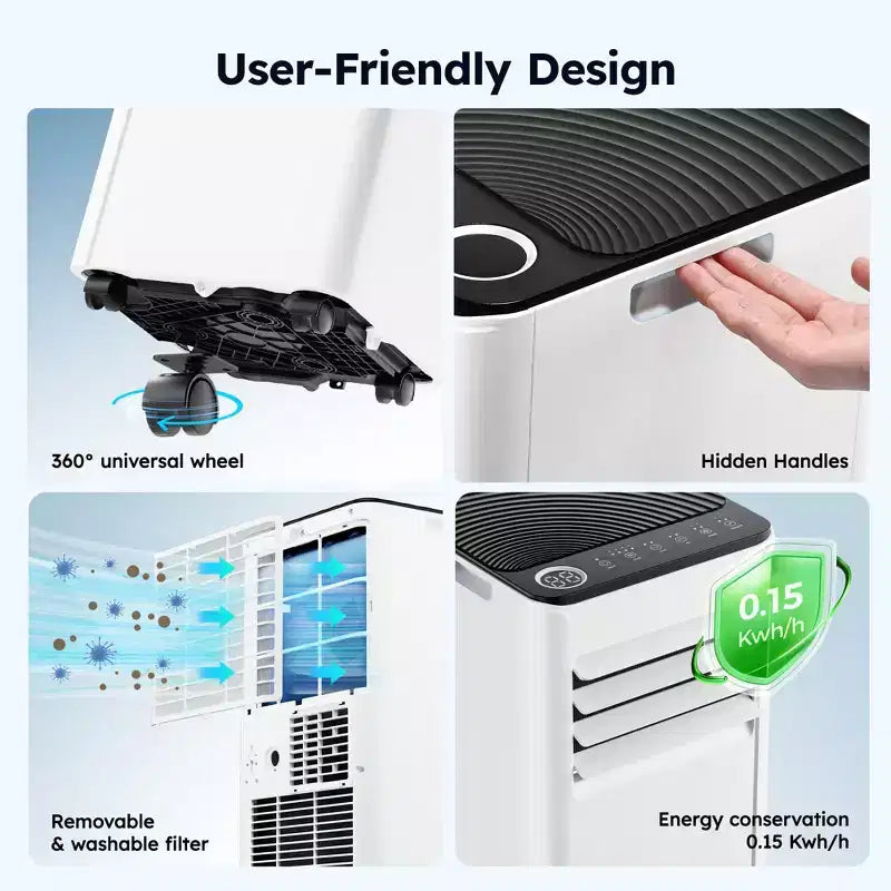 Climatiseur portable Simzlife 10000 BTU (DOE) 3-en-1 avec ventilateur déshumidificateur mode veille pour 42 m², kits de fenêtre réglables, blanc