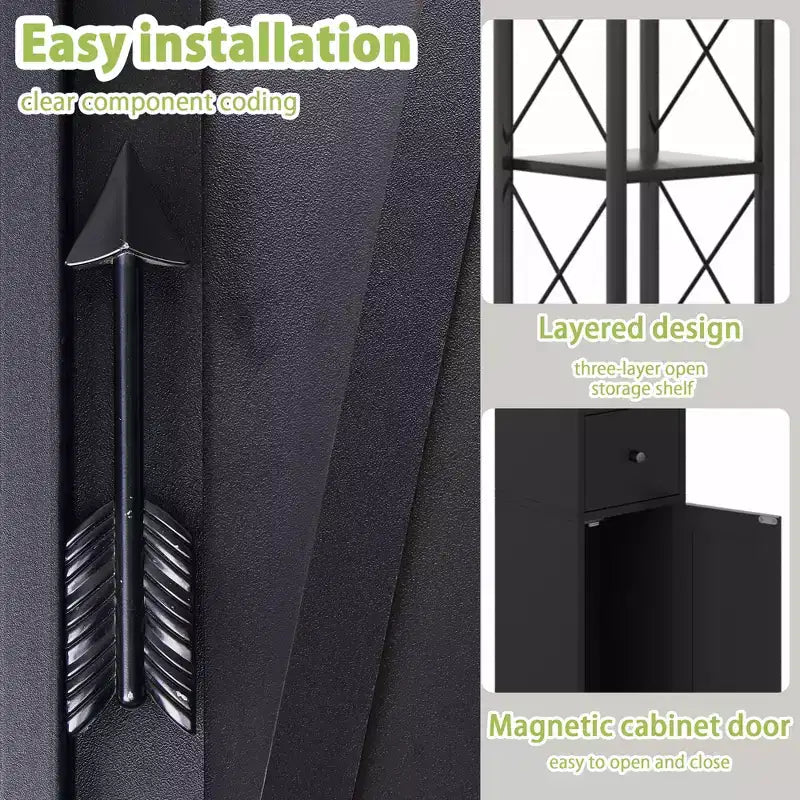 Armario de almacenamiento de baño negro, delgado y alto con cajón y estantes ajustables, para 1 persona