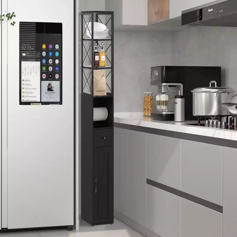 Armario de almacenamiento de baño negro, delgado y alto con cajón y estantes ajustables, para 1 persona