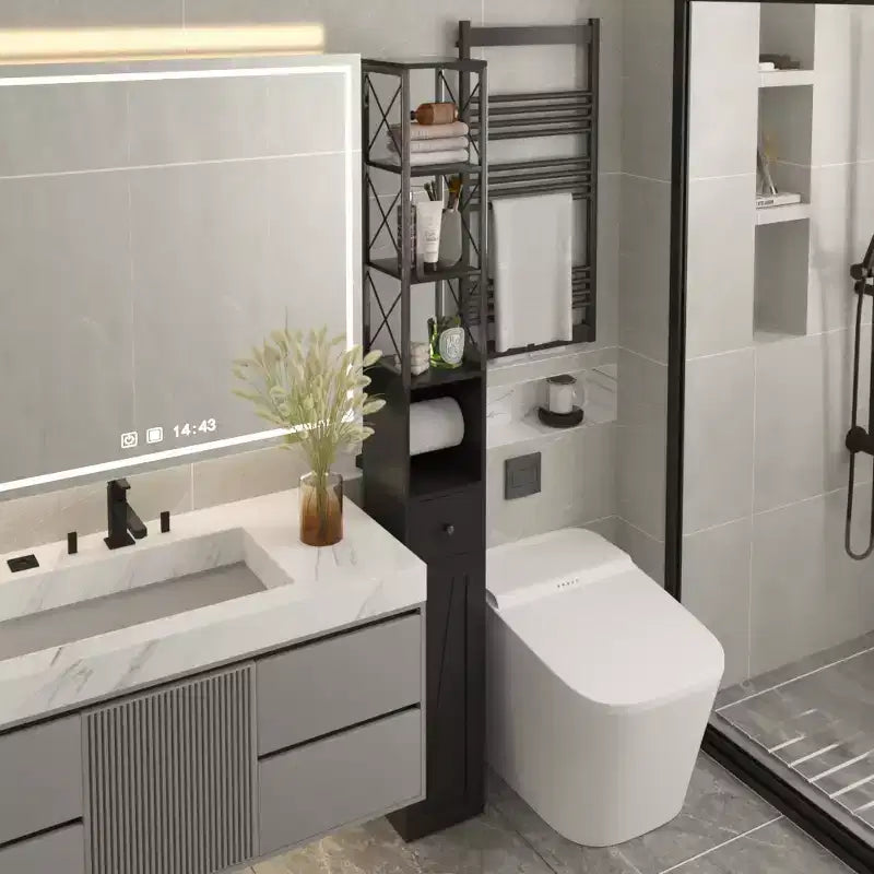 Armario de almacenamiento de baño negro, delgado y alto con cajón y estantes ajustables, para 1 persona