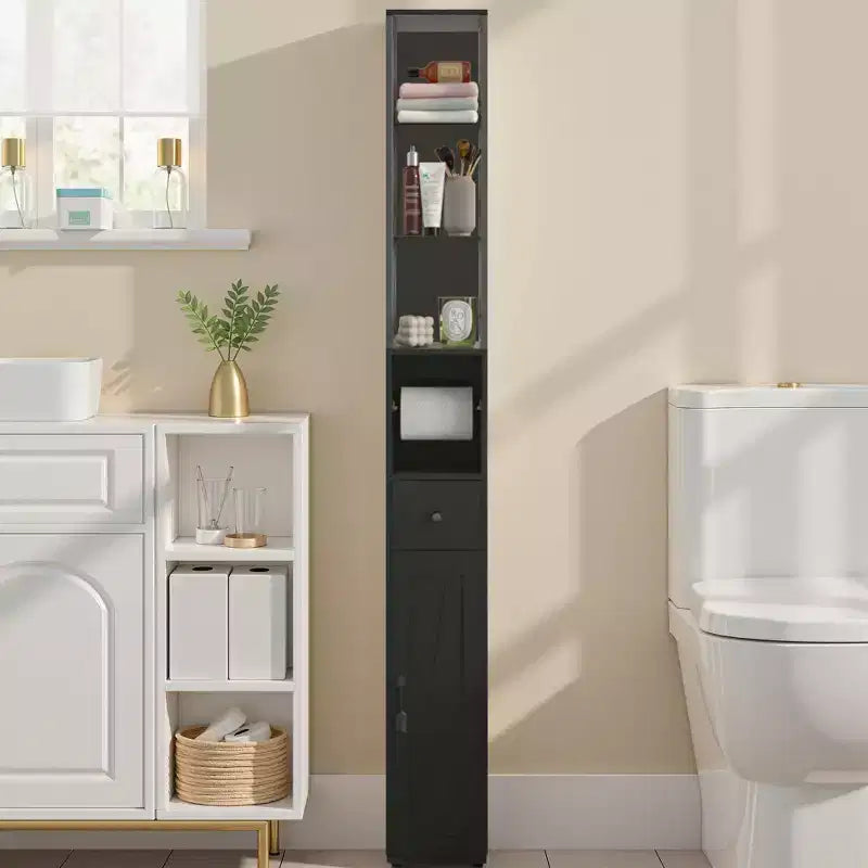 Armario de almacenamiento de baño negro, delgado y alto con cajón y estantes ajustables, para 1 persona