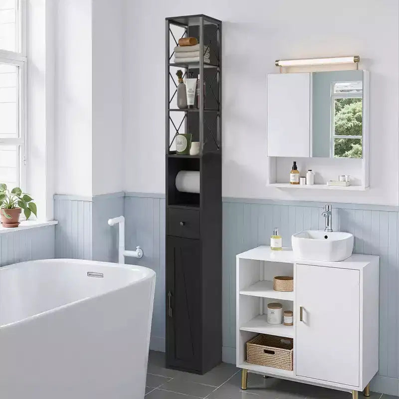 Armario de almacenamiento de baño negro, delgado y alto con cajón y estantes ajustables, para 1 persona