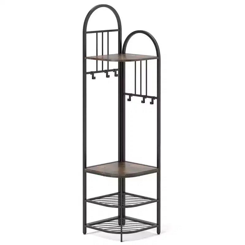 Árbol de entrada de esquina de 4 niveles con banco para zapatos y 6 ganchos – Marrón / Natural / Blanco – 1 persona
