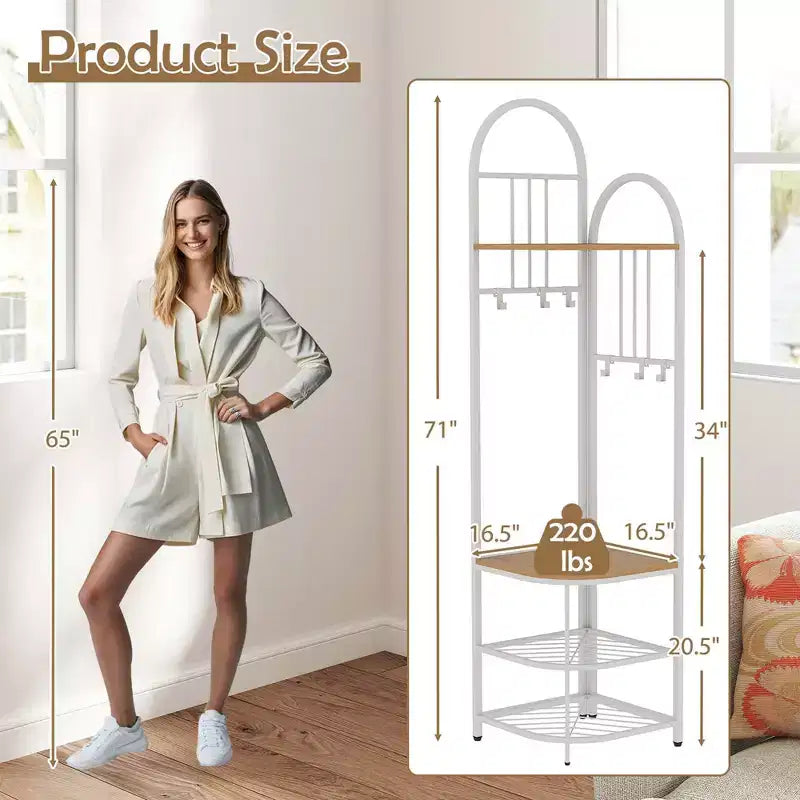 Árbol de entrada de esquina de 4 niveles con banco para zapatos y 6 ganchos – Marrón / Natural / Blanco – 1 persona